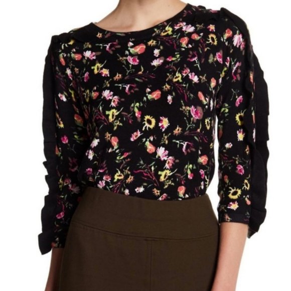 Philosophy Black Floral Sweater Ruffle Sleeve Detail Sz Small - Picture 1 of 12